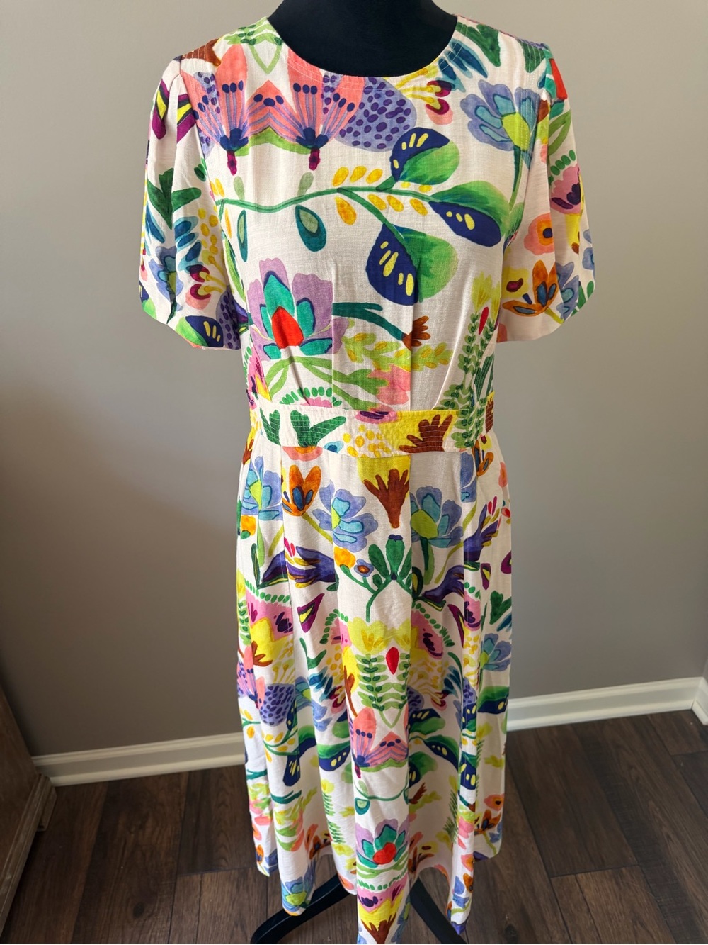Gigio Vibrant Bold Multicolor Floral Midi Dress Short Sleeve Zip LARGE